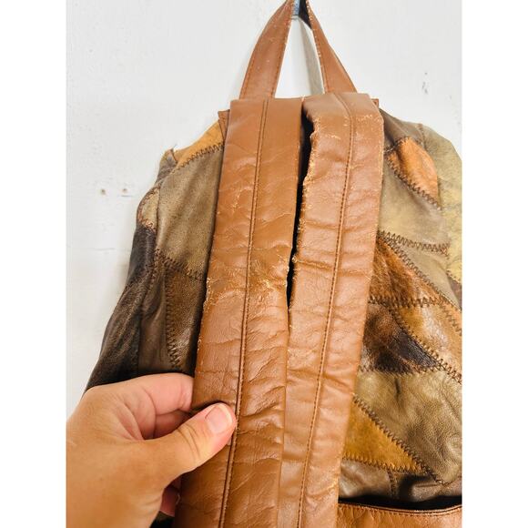 Vintage 1980s/90s Brown Leather Patchwork Clip Front Drawstring Backpack Bag - Picture 9 of 16